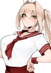  ahoge blonde_hair blush breasts eyebrows_visible_through_hair fate/extra fate_(series) green_eyes hair_between_eyes hands_on_hips j.k. large_breasts long_hair looking_at_viewer nero_claudius_(fate) nero_claudius_(fate)_(all) school_uniform serafuku shirt_tucked_in simple_background solo twintails white_background wrist_cuffs 