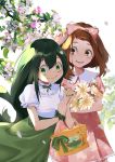  asui_tsuyu bag boku_no_hero_academia bow brown_hair dark_green_hair dress flower frills green_bow green_hair green_nails green_scrunchie highres jiu_tiao leaf long_hair multiple_girls nail_polish open_mouth pink_bow pink_dress pink_nails puffy_short_sleeves puffy_sleeves scrunchie short_hair short_sleeves smile uraraka_ochako very_long_hair wrist_scrunchie 