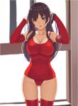  alternate_color_school_swimsuit arms_behind_head arms_up ass_visible_through_thighs bangs blue_eyes blunt_bangs blurry blurry_background breasts brown_eyes cleavage collarbone commentary_request covered_navel cowboy_shot day detached_sleeves eyebrows_visible_through_hair gg-e hands_in_hair head_tilt highres indoors large_breasts legs_apart leotard long_hair looking_at_viewer one-piece_swimsuit open_mouth original purple_hair red_legwear red_leotard red_swimsuit school_swimsuit shiny shiny_hair solo standing swimsuit thighhighs 