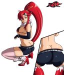  1girl ass bare_shoulders bikini bikini_top black_shorts boots butt_crack cameltoe cleavage elbow_gloves fingerless_elbow_gloves fingerless_gloves gloves hair_ornament hair_piece high_heel_boots lips pink_thighhighs ponytail red_hair reit scarf shorts sideboob smile tengen_toppa_gurren_lagann thighhighs thighs underboob yellow_eyes yoko_littner 