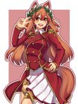  :d animal_ear_fluff animal_ears blush border breasts commentary_request cosplay cowboy_shot epaulettes fate/grand_order fate_(series) fox_ears fox_girl fox_tail gold_trim hand_on_hip hand_up happy high_collar highres julius_caesar_(fate/grand_order) julius_caesar_(fate/grand_order)_(cosplay) large_breasts laurel_crown long_hair long_sleeves looking_at_viewer necktie open_mouth orange_eyes orange_hair outline outside_border red_background renshirenji simple_background smile standing suzuka_gozen_(fate) tail thighlet w white_border white_outline wing_collar 