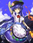  1girl arm_above_head arm_up bangs blue_hair blue_ribbon blue_sky cloud commentary dress embers fire food frilled_skirt frills fruit hair_between_eyes hat hinanawi_tenshi holding holding_weapon keystone layered_dress leaf light_smile long_hair looking_at_viewer neck_ribbon outdoors peach piyodesu puffy_short_sleeves puffy_sleeves red_eyes red_neckwear ribbon rope sash shimenawa short_sleeves skirt sky solo sword_of_hisou touhou very_long_hair weapon 