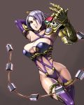  arm_behind_head arm_up breasts choker cleavage commentary_request eyelashes garter_straps gauntlets glint hair_over_one_eye highres holding holding_whip isabella_valentine large_breasts lipstick makeup midriff misonou_hirokichi navel purple_choker purple_eyes purple_hair purple_legwear purple_lipstick revealing_clothes short_hair skindentation skull solo soulcalibur soulcalibur_vi thigh_gap thighhighs whip 