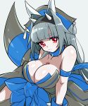  armband bangs bare_shoulders black_hairband blue_collar blunt_bangs breasts cleavage closed_mouth collar collarbone eyebrows_visible_through_hair eyelashes frown gen_4_pokemon grey_hair hair_intakes hairband highres horns huge_breasts momoshiro personification pokemon rampardos red_eyes simple_background solo spiked_collar spikes tail tassel white_background 