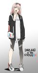  ;o absurdres alternate_costume aqua_eyes arm_at_side bag bangs black_coat black_hairband blunt_bangs casual coat collared_shirt commentary cross-laced_footwear darling_in_the_franxx fangs fashion flat_color full_body gradient gradient_background gradient_legwear hairband half-closed_eyes hand_up head_tilt highres horns legs_apart long_hair long_sleeves looking_at_viewer multicolored_horns nike one_eye_closed oni_horns open_clothes open_coat open_mouth pantyhose pink_hair shirt shoes shoulder_bag signature simple_background sneakers solo standing straight_hair tarou2 torn_clothes torn_legwear unbuttoned white_bag yawning zero_two_(darling_in_the_franxx) 