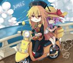  animal_ears black_dress black_hat blonde_hair blue_sky bow brown_hat bunny_ears chibi cloud commentary_request day dress ground_vehicle hair_between_eyes hat hat_bow hat_ribbon jiuliu3 junko_(touhou) motor_vehicle multiple_girls multiple_riders no_nose ocean purple_hair red_bow red_eyes red_ribbon red_skirt reisen_udongein_inaba ribbon riding scooter shirt short_sleeves sidesaddle sitting skirt sky smile touhou white_shirt 