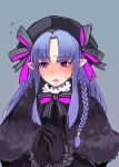  black_gloves blush braid caster commentary_request cosplay embarrassed fate/grand_order fate_(series) gloves hat izuya_ww nursery_rhyme_(fate/extra) nursery_rhyme_(fate/extra)_(cosplay) pointy_ears purple_eyes purple_hair ribbon sweat 