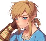  blonde_hair blue_eyes blue_shirt blush gloves link looking_at_viewer loz_017 pointy_ears ponytail shirt solo the_legend_of_zelda the_legend_of_zelda:_breath_of_the_wild 