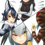  :d bangs black_hair blue_eyes commentary_request crossed_arms emphasis_lines eyebrows_visible_through_hair fur_collar glint gloves green_eyes grey_gloves grey_hair grey_wolf_(kemono_friends) hair_between_eyes head_tilt heterochromia holding_coin japari_coin kemono_friends looking_at_viewer lowres moose_(kemono_friends) multicolored_hair multiple_girls open_mouth pencil shoebill_(kemono_friends) smile streaked_hair striped_hoodie transparent_background tsuchinoko_(kemono_friends) two-tone_hair welt_(kinsei_koutenkyoku) white_hair yellow_eyes 