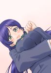  arm_under_breasts bangs blue_hair blush_stickers breast_hold breast_poke breasts commentary dr._gero_(staedtler_0508) from_below gradient gradient_background green_eyes large_breasts lips long_hair long_sleeves looking_at_viewer love_live! love_live!_school_idol_project otonokizaka_school_uniform parted_bangs pink_background poking school_uniform solo toujou_nozomi 