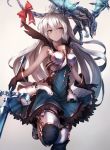  bow breastplate dark_skin dragon gloves gradient gradient_background granblue_fantasy greaves highres inaba_sunimi long_hair orange_eyes red_bow shoulder_pads simple_background skirt smile solo standing standing_on_one_leg sword very_long_hair weapon white_background white_hair zooey_(granblue_fantasy) 