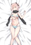  ahoge ass_visible_through_thighs bare_arms bare_legs bare_shoulders bed_sheet bikini black_bikini black_bow black_scarf blue_bikini blush bow breasts brown_eyes commentary fate/grand_order fate_(series) feet_out_of_frame hair_bow hand_up head_tilt highleg highleg_bikini highres jilu koha-ace layered_bikini looking_at_viewer lying medium_breasts micro_bikini navel okita_souji_(fate) okita_souji_(fate)_(all) on_back parted_lips pink_hair ponytail scarf solo swimsuit thigh_gap 