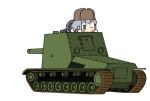  blue_eyes chibi commentary_request grey_hair ground_vehicle hat hibiki_(kantai_collection) iiyatsu_(stormtrooperh) kantai_collection military military_vehicle motor_vehicle one_eye_closed self-propelled_gun shirt short_hair skirt su-100y tank verniy_(kantai_collection) white_background 