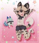  :d \o/ ^_^ african_wild_dog_(kemono_friends) african_wild_dog_print animal_ears arms_up black_hair boots closed_eyes collared_shirt commentary_request denim denim_shorts dog_ears dog_tail eyebrows_visible_through_hair fang happy highres jumping kemono_friends kolshica light_brown_hair long_sleeves lucky_beast_(kemono_friends) midair midriff_peek multicolored_hair neck_ribbon open_mouth outstretched_arms pantyhose ribbon shirt short_shorts short_sleeves shorts smile star tail 