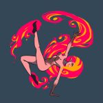  akairiot arm_up breasts brenna_(akairiot) dancing fiery_hair fire full_body grey_background hair_over_one_eye legs_up long_hair medium_breasts navel nude original pointy_ears red_eyes simple_background smile solo yellow_sclera 