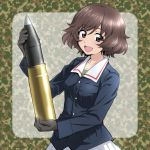  akiyama_yukari bangs black_gloves blue_jacket brown_eyes brown_hair camouflage_background commentary eyebrows_visible_through_hair girls_und_panzer gloves green_shirt holding jacket long_sleeves looking_at_viewer messy_hair military military_uniform nakahira_guy ooarai_military_uniform open_mouth pleated_skirt rounded_corners shirt short_hair skirt smile solo standing tank_shell uniform upper_body white_skirt 