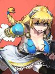  bangs black_legwear blonde_hair blue_eyes braid breasts bright_pupils cleavage collarbone dress eyebrows_visible_through_hair glint head_wreath highres holding holding_shield holding_sword holding_weapon large_breasts misonou_hirokichi open_mouth serious shield shoulder_pads single_braid solo sophitia_alexandra soulcalibur soulcalibur_vi sparkle sword teeth thighhighs tongue weapon zettai_ryouiki 