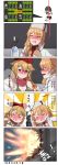  ak47_(girls_frontline) alcohol beret blonde_hair blue_eyes blush chinese_commentary comic commentary_request drooling drunk explosion fur_hat girls_frontline hat highres mosin-nagant_(girls_frontline) multiple_girls necktie russian scarf smile speech_bubble translated ushanka vodka xiujia_yihuizi 