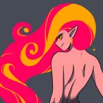 akairiot back bare_back brenna_(akairiot) eyelashes fiery_hair fire from_behind grey_background long_hair looking_to_the_side original pointy_ears red_eyes red_skin shoulder_blades simple_background smile smirk solo upper_body yellow_sclera 
