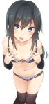  :d asashio_(kantai_collection) bare_shoulders black_bra black_hair black_legwear black_panties blue_eyes blush bow bow_bra bow_panties bra breasts cleavage collarbone cowboy_shot detached_sleeves frilled_bra frilled_panties frills hair_between_eyes hand_on_own_chest head_tilt highres kantai_collection leaning_forward legs_together lingerie long_hair long_sleeves looking_at_viewer nagami_yuu navel open_mouth panties small_breasts smile solo stomach thighhighs transparent_background tsurime underwear underwear_only white_bow 