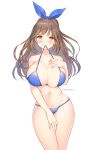  bangs bikini blue_bikini blush bow breasts brown_eyes brown_hair cleavage collarbone hair_bow hand_on_own_chest highres huge_breasts idolmaster idolmaster_shiny_colors long_hair looking_at_viewer melomelo_d mouth_hold navel simple_background solo standing swimsuit tsukioka_kogane twitter_username white_background 
