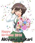 bouquet brown_hair closed_eyes commentary_request confetti eyebrows_visible_through_hair flower girls_und_panzer haniwa_(leaf_garden) happy_birthday highres neckerchief ooarai_school_uniform open_mouth pleated_skirt rose salute skirt smile white_background 