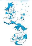  1girl :d ^_^ age_difference arms_up ayo_(isy8800) baby baby_carry bad_id bad_pixiv_id blue blush boots bubble closed_eyes crossed_legs dougi dragon_ball dragon_ball_super dragon_ball_z full_body gradient gradient_background grandfather_and_granddaughter happy height_difference highres monochrome open_mouth pan_(dragon_ball) ponytail short_hair simple_background sitting smile son_gokuu spiked_hair white white_background wristband 