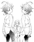  1boy 2girls ahoge arm_behind_back blush closed_mouth dual_persona emma_(yakusoku_no_neverland) greyscale looking_back monochrome multiple_girls neck_tattoo ni-si_(nisi_kun) norman_(yakusoku_no_neverland) pants pleated_skirt skirt smile spoken_exclamation_mark tattoo yakusoku_no_neverland 