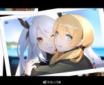  :q azur_lane blonde_hair blue_eyes blurry bright_pupils brown_eyes crossover day depth_of_field dual_persona from_behind hair_between_eyes hair_over_shoulder hug kantai_collection letterboxed long_hair looking_at_viewer looking_back low_twintails multiple_girls namesake narcolepsy-1900 one_eye_closed outdoors parted_lips photo_(object) prinz_eugen_(azur_lane) prinz_eugen_(kantai_collection) silver_hair smile tongue tongue_out turtleneck twintails two_side_up weibo_username white_pupils 