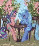  2018 absurd_res beverage blue_hair blush chair cup cute cutie_mark drinking duo equine eyelashes female female/female feral friendship_is_magic hair half-closed_eyes hi_res hooves horn leaves looking_away mammal multicolored_hair my_little_pony nude outside purple_eyes purple_hair shy signature sitting sky smile starlight_glimmer_(mlp) straw table tree trixie_(mlp) two_tone_hair unicorn xjenn9 