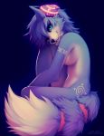  2014 anthro blue_eyes blue_fur blue_hair breasts canine digital_media_(artwork) falvie female fluffy fluffy_tail fox fur hair headphones krystal looking_at_viewer mammal nintendo nude side_boob smile solo star_fox video_games white_fur 