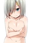  blue_eyes blush breasts cleavage closed_mouth covering covering_breasts eyes_visible_through_hair grey_hair hair_ornament hair_over_one_eye hairclip hamakaze_(kantai_collection) kantai_collection large_breasts looking_to_the_side nagami_yuu navel nude out-of-frame_censoring short_hair simple_background solo standing white_background 