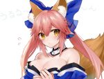  animal_ear_fluff animal_ears bare_shoulders blue_bow blue_kimono blush bow breasts cleavage collarbone commentary daimaou_ruaeru detached_collar eyebrows_visible_through_hair fate/extra fate_(series) flying_sweatdrops fox_ears fox_tail hair_between_eyes hair_bow highres japanese_clothes kimono long_hair looking_at_viewer medium_breasts off_shoulder pink_hair sidelocks simple_background solo tail tamamo_(fate)_(all) tamamo_no_mae_(fate) tears translation_request twintails upper_body white_background yellow_eyes 