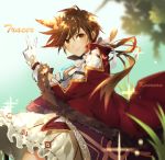 artist_name atobesakunolove blurry brown_eyes brown_hair cape character_name commentary_request depth_of_field ear_piercing earrings freckles gloves highres jewelry looking_at_viewer overwatch piercing skirt solo tracer_(overwatch) v white_gloves 