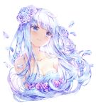  bare_arms bare_shoulders blue_eyes blue_hair breasts cleavage collarbone commission flower hair_flower hair_ornament long_hair looking_to_the_side original petals rose smile tonowa transparent_background upper_body white_hair 
