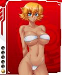  00s 1girl bikini blonde_hair blue_eyes blush breasts card_(medium) curvy dark_skin dual_wielding erect_nipples female huge_breasts igawa_sakura kagami_hirotaka lilith-soft looking_at_viewer shiny shiny_skin short_hair smile solo swimsuit taimanin_(series) taimanin_asagi taimanin_asagi_battle_arena taimanin_asagi_battle_arena_all_card_gallery thong 