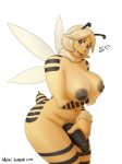  2018 antennae anthro areola arthropod bee blonde_hair blue_eyes breasts dickgirl hair humanoid_penis insect insect_wings intersex looking_at_viewer matoc nipples non-mammal_breasts open_mouth penis precum simple_background solo stinger url white_background wings 