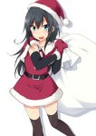  :d asashio_(kantai_collection) belt black_gloves black_hair blue_eyes brown_legwear capelet commentary elbow_gloves fur_trim gloves hat holding kantai_collection long_hair looking_at_viewer mittens nagami_yuu open_mouth red_capelet red_gloves red_hat sack santa_costume santa_hat simple_background smile solo standing thighhighs white_background 