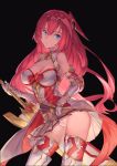  ass_visible_through_thighs atorosu black_background blue_eyes breasts cleavage cleavage_cutout contrapposto cowboy_shot gauntlets godguard_brodia granblue_fantasy greaves headpiece highres long_hair looking_at_viewer panties pantyshot pantyshot_(standing) pink_hair pleated_skirt simple_background skirt solo standing sword thighhighs underwear upskirt very_long_hair weapon white_panties wind wind_lift 