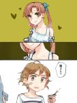  2koma absurdres akigumo_(kantai_collection) alternate_costume bandaid bandaid_on_cheek bandaid_on_face bare_shoulders blue_ribbon blush brown_eyes brown_hair can closed_mouth collarbone comic commentary constricted_pupils dress drooling eyebrows_visible_through_hair green_eyes hair_ribbon heart highres holding holding_can kantai_collection long_hair looking_at_viewer multiple_girls oboro_(kantai_collection) orange_hair ponytail ribbon saliva shirt short_hair smile speech_bubble t-shirt tama_wo translated 
