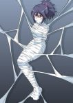  00s 1girl angry bdsm bondage bound breasts brown_eyes cocoon fujibayashi_shiina gagged harusame mummification ponytail purple_hair simple_background solo spider_web tales_of_(series) tales_of_symphonia 