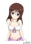  bangs bikini black_eyes breasts brown_hair collarbone commentary dated flipper front-tie_bikini front-tie_top girls_und_panzer long_hair looking_at_viewer medium_breasts megumi_(girls_und_panzer) parted_lips sarong simple_background solo standing swept_bangs swimsuit twitter_username upper_body white_background white_bikini 