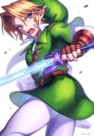  blonde_hair blue_eyes earrings fingerless_gloves gloves holding holding_sword holding_weapon jewelry left-handed link loz_017 open_mouth pantyhose pointy_ears solo sword the_legend_of_zelda the_legend_of_zelda:_ocarina_of_time weapon 