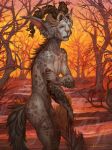  2018 5_fingers amenlona anthro blood day detailed_background forest fur green_eyes grey_fur mammal nude outside sky solo spots spotted_fur tree 