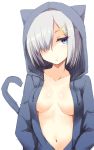  animal_ears animal_hood blue_eyes blue_hoodie breasts cat_ears cat_tail commentary_request grey_hair hair_ornament hair_over_one_eye hairclip hamakaze_(kantai_collection) hands_in_pockets head_tilt hood hoodie kantai_collection long_sleeves medium_breasts nagami_yuu naked_hoodie navel parted_lips short_hair simple_background solo tail upper_body white_background 