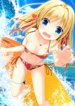  beach bikini blue_eyes breasts cleavage cloud collarbone commentary_request day eyebrows_visible_through_hair full_body hair_between_eyes highres holding iwamoto_sora long_hair looking_at_viewer moe2017 moe2018 ocean open_mouth original outdoors red_bikini ribbon sky solo stomach surfboard surfing swimsuit water 