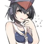  bangs bare_arms bare_shoulders black_hair blue_swimsuit blush breasts brown_eyes collarbone eyebrows_visible_through_hair flying_sweatdrops framed_breasts grey_hat hair_between_eyes hand_to_own_mouth hand_up headphones highres i-14_(kantai_collection) kantai_collection medium_breasts parted_lips sailor_collar simple_background smile solo swimsuit u-non_(annon'an) white_background white_neckwear white_sailor_collar 