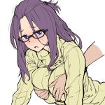  1girl blue_eyes blush breast_grab breasts eyebrows_visible_through_hair glasses grabbing grabbing_from_behind hetero highres kagamihara_sakura large_breasts long_hair onsen_tamago_(hs_egg) purple_hair ribbed_sweater solo_focus sweater turtleneck turtleneck_sweater white_background yurucamp 