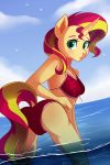  2017 :o anthro avian beach bikini bird blonde_hair blush breasts butt camel_toe clothed clothing cloud cute dock equestria_girls equine eyebrows eyelashes female hair hikariviny horn looking_at_viewer looking_back mammal multicolored_hair my_little_pony open_mouth outside portrait rear_view red_hair seagull seaside sky solo standing sunset_shimmer_(eg) swimsuit teal_eyes three-quarter_portrait tongue two_tone_hair unicorn water wet 