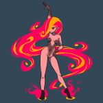  akairiot arm_up breasts brenna_(akairiot) commentary_request contrapposto fiery_hair fire full_body grey_background hair_over_one_eye hand_on_hip looking_at_viewer medium_breasts navel original pointy_ears pose red_eyes simple_background smile solo standing yellow_sclera 